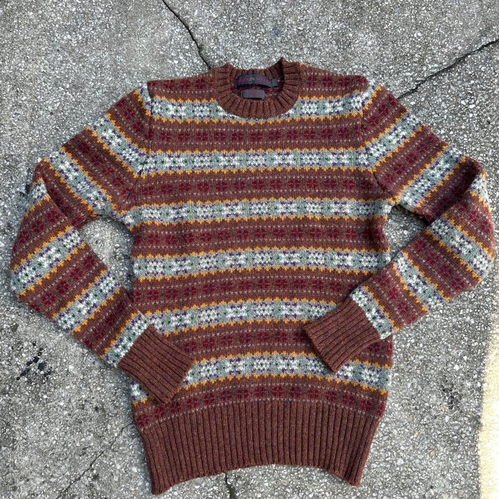 70s John Weitz Mens Fair Isle Shetland Wool Blend Crewneck Sweater Brown Large